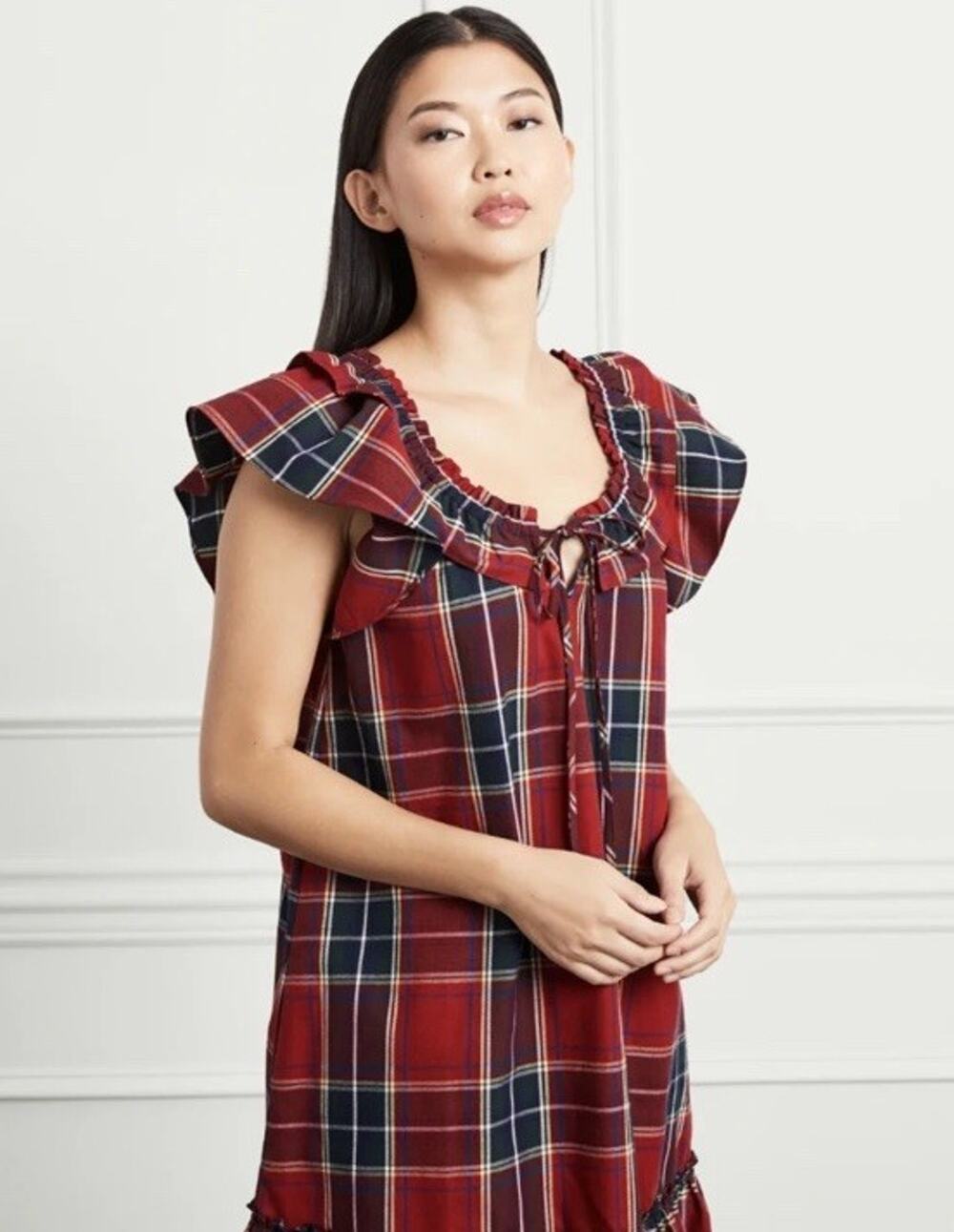 Hill House Womens Cordelia Mini Nap Dress XS Red Tartan Plaid Cotton Ruffles